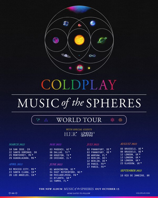 COLDPLAY 2022 WORLDWIDE TOUR DATES: